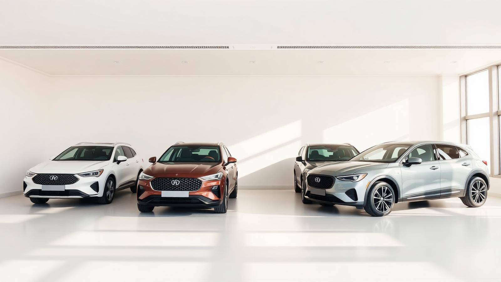 Modern cars of different body styles in a bright showroom